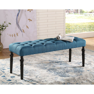 Leviton Fabric Tufted Turned Leg  Dining Bench, Blue