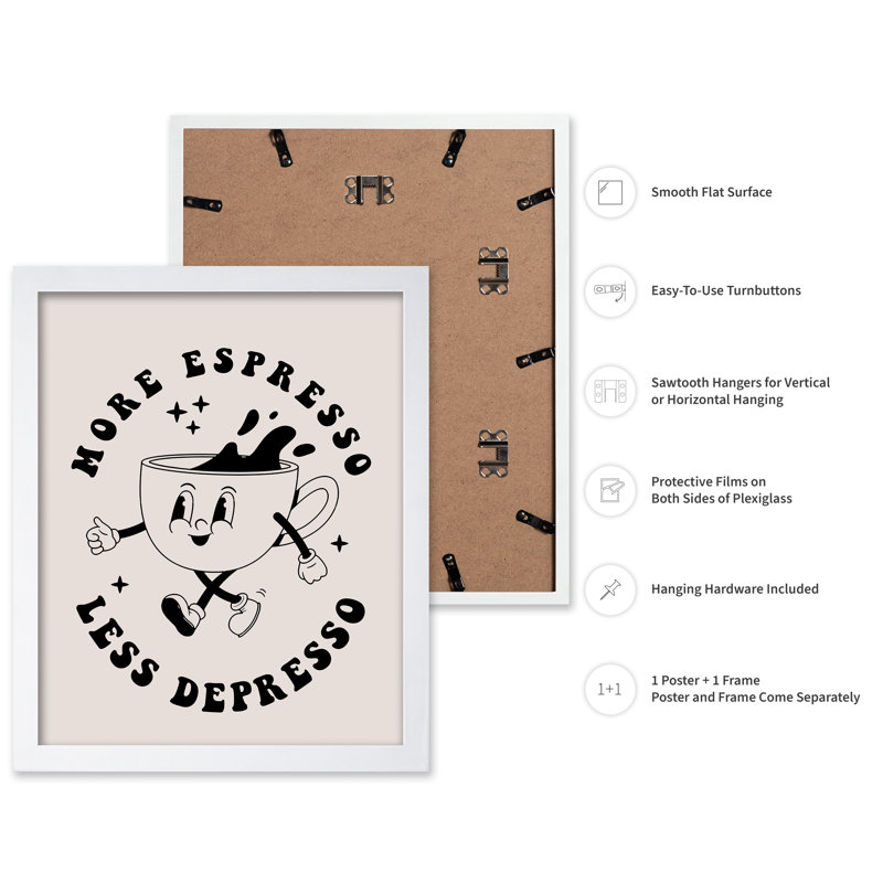 Plus d'espresso, moins de café espresso, Poster, White Framed, 11"H x 14"W