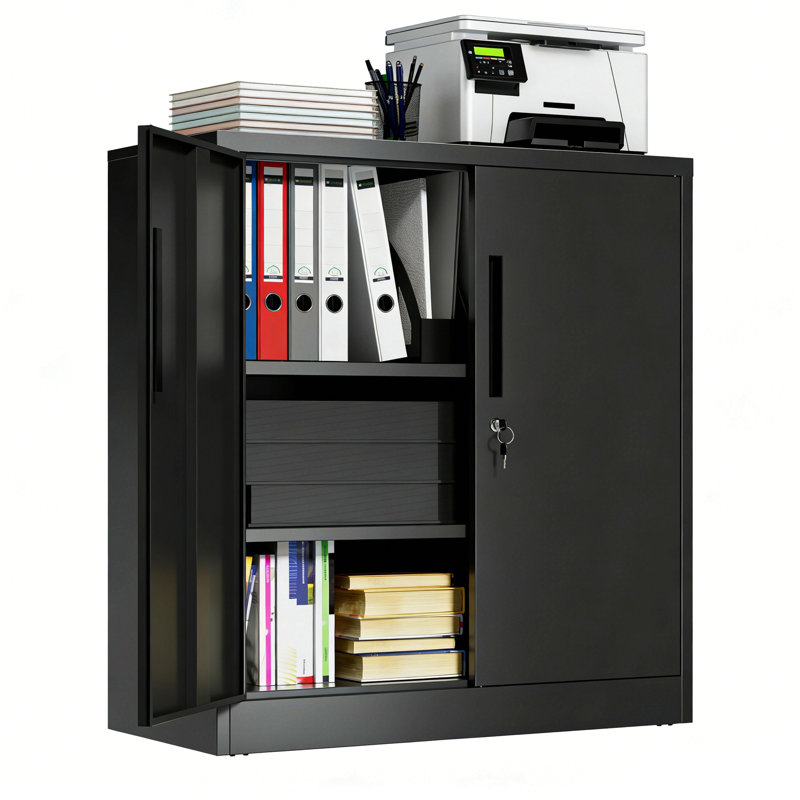 Metal Storage Cabinet With Lock, 2-Door Garage Storage Cabinet With 2 Adjustable Shelves, Heavy Duty Steel File Cabinet For Home, Office, Garage, School (Black, 35.4"H)