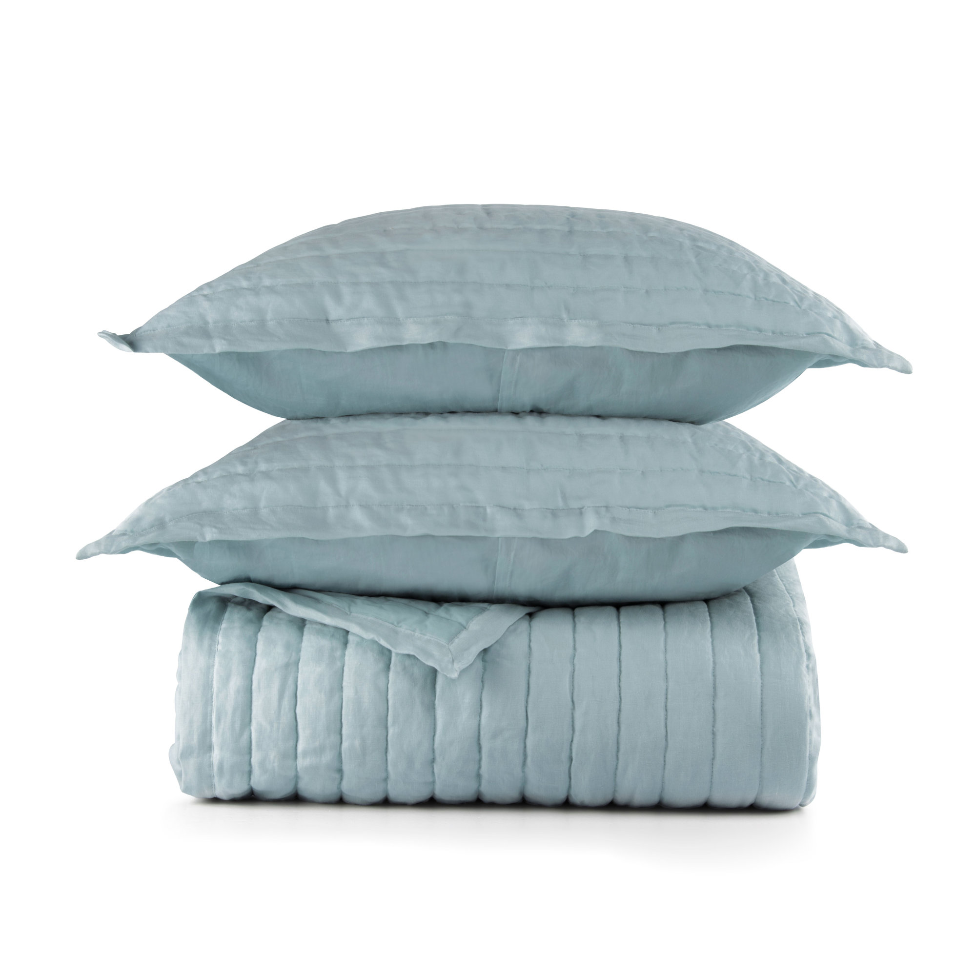 French Linen Channel Stitch Quilt & Sham Set - King/Cal King - Matcha, King Quilt + 2 King Shams, Wave