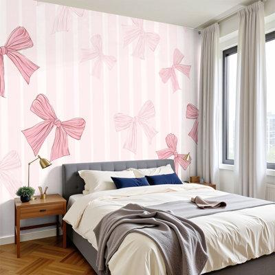 Peel and Stick Wallpaper 144" W x 100" H Modern Self Adhesive Wall Mural for Bedroom pink bows striped hand drawn cute cartoon girly painting