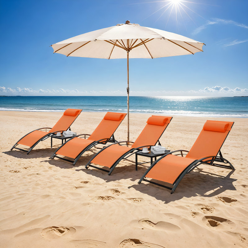 Melisa Poolchairs Patio Chaise Lounge Set With Headrest, 5-Level Adjustable Sunbathing Tanning Poolside Recliner Chairs With Side Table For Outdoor Beach 4 Chairs And 2 Tables
