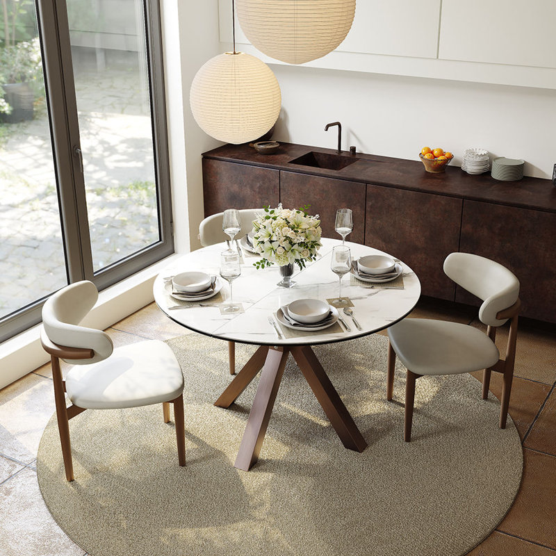 Ensemble de salle à manger moderne extensible 5 pièces pour 4-6, table en pierre blanche brillante (47 "-63") avec 4 chaises, solution de salle à manger peu encombrante