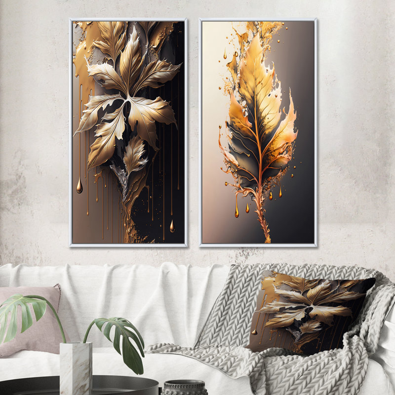 «Gold Abstract Leaves», 2 pièces sur toile, Cadre blanc, H 40 po x l 40 po