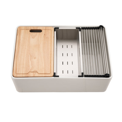 Houzer 30 in White Fireclay Apron Front Single Bowl Workstation Sink with Accessories - PTW-3020S WH