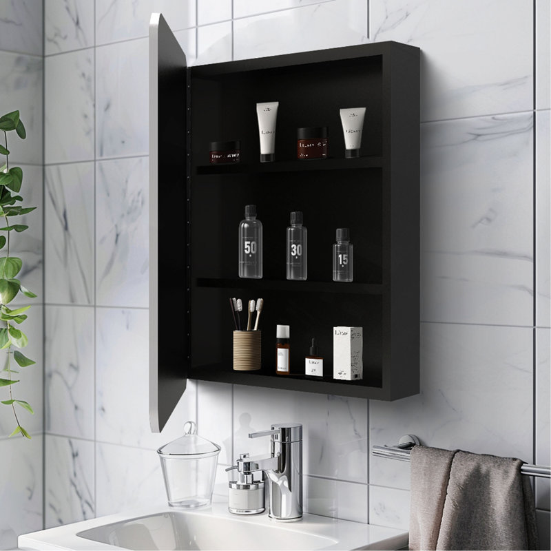 Armoire à pharmacie murale ou en métal argentée avec miroir, H 30 po x l 24 po x P 4,9 po, Noir / argenté