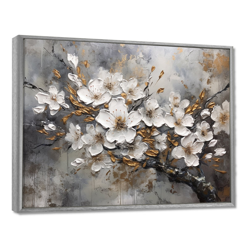 Harmonie I de cerisier blanc et gris - art mural floral pour le salon, H 12 po x l 20 po x P 1 po, Encadrement argenté