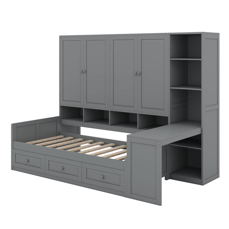 Lit de jour en bois avec trois tiroirs, unité de rangement tout-en-un, bureau et tablettes, Simple, gris