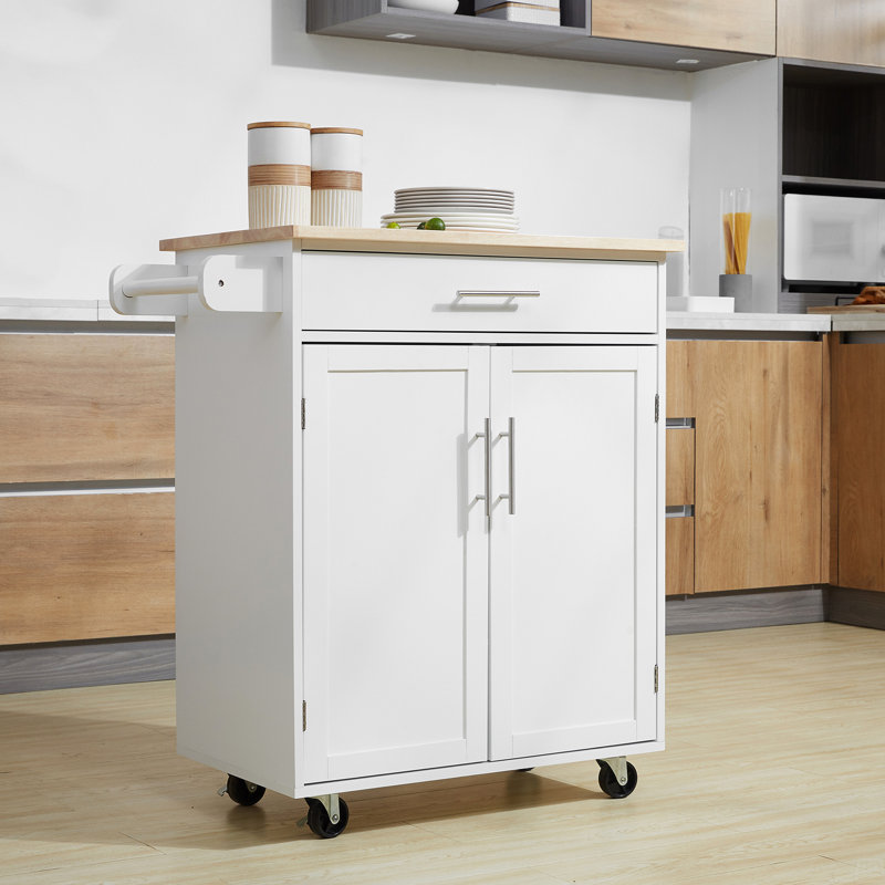 Kitchen Island Cart Rolling Trolley Cart With Drawer, Storage Cabinet & Towel Rack, White