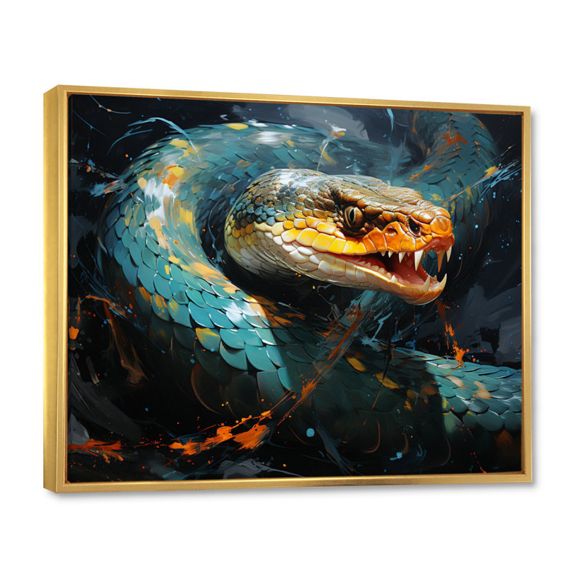 Emerald Snake Intertwining - Reproduction d'art mural animaux, Cadre flottant doré, H 16 po x l 32 po x P 1 po