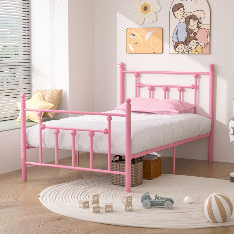 Double Metal Bed Frame with Headboard, Pink, Single (3')