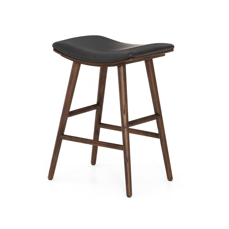 Union Wallis Belfast Solid Wood Stool, Counter Stool (26" Seat Height), Faux Leather - Distressed Black/Warm Parawood