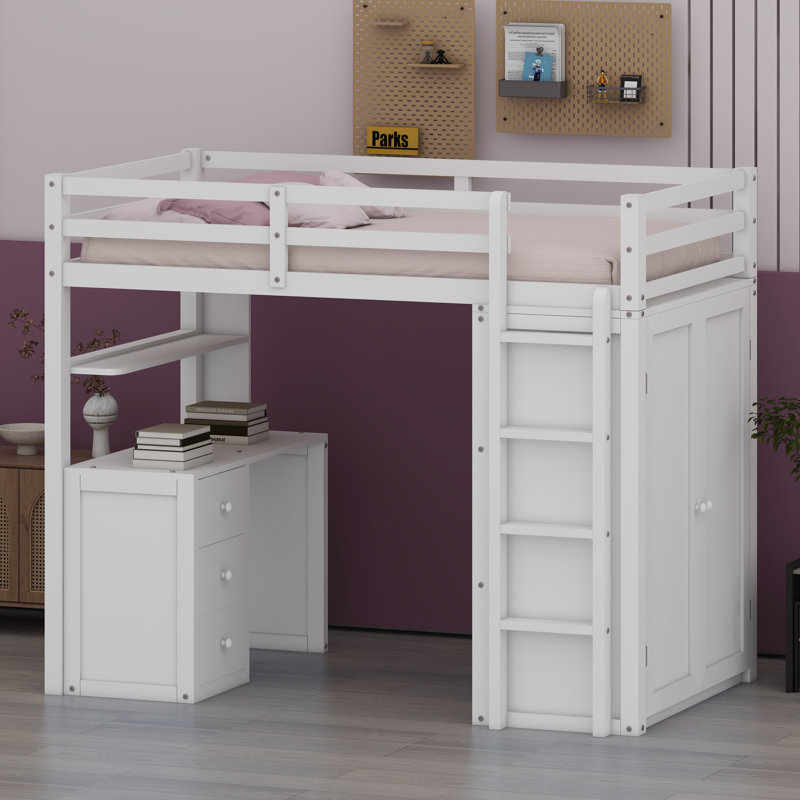 Lit mezzanine peu encombrant avec tiroirs, bureau et garde-robe, Blanc
