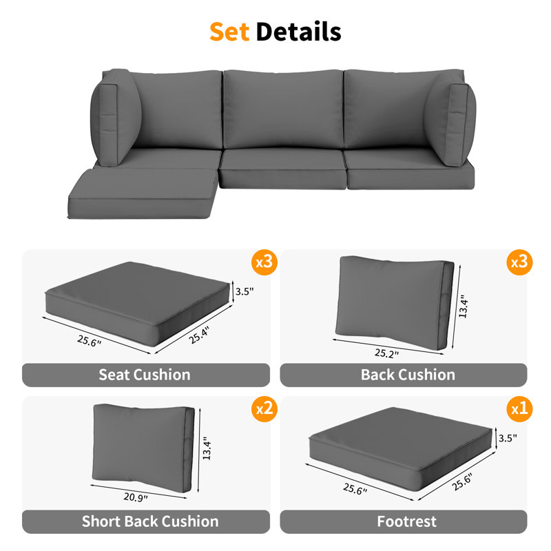 9-Pieces 3.5'' Outdoor Replacement Cushion Set Seat/Back Cushion for 4 Person (Sofa Not Included), Gray
