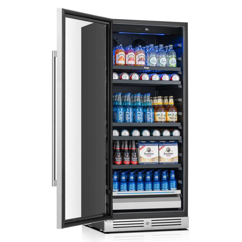 Réfrigérateur à boissons encastré 275L avec porte battante gauche, cadre en acier inoxydable et verre à double couche