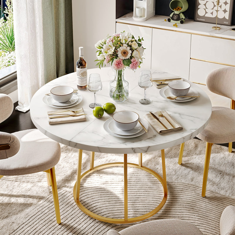 Wardat Round Faux Marble Top Metal Base Dining Table