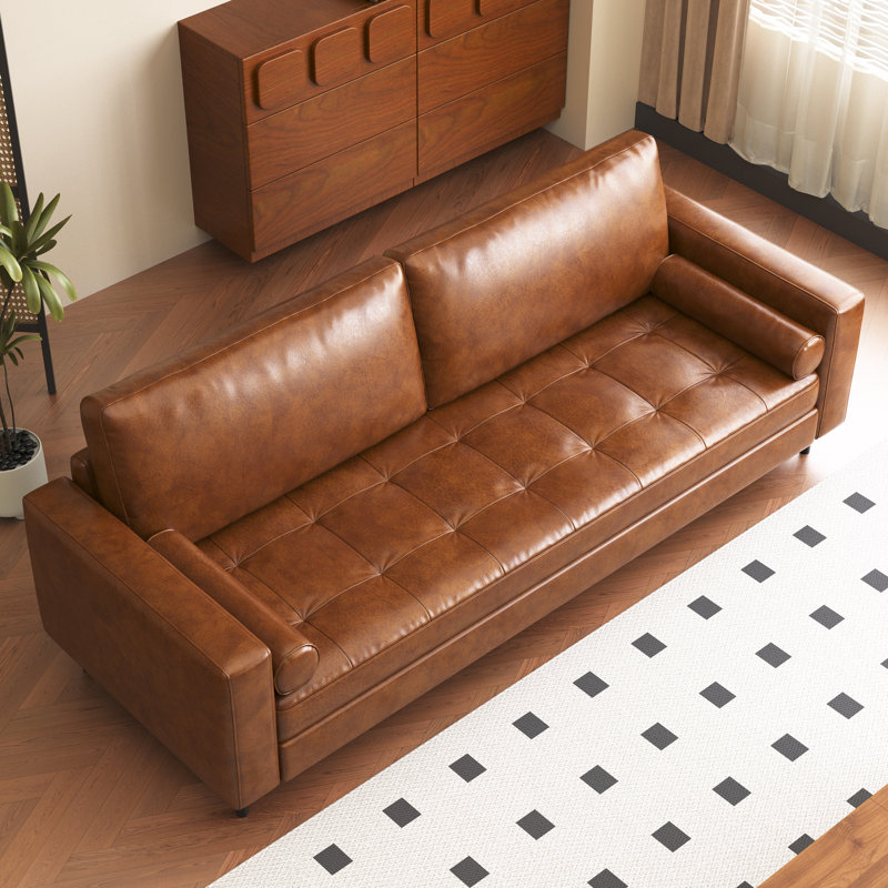 80.31 Inch Mid Century Modern Genuine Leather Sofa With Solid Wood Frame And Metal Legs