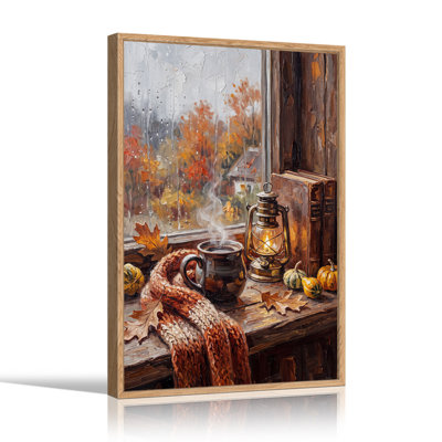 Scène d'automne à la fenêtre avec tasse fumante et lanterne - Toile murale d'Halloween