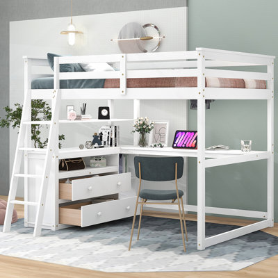 Loft Bed With Desk And Shelves,Two Built-In Drawers,