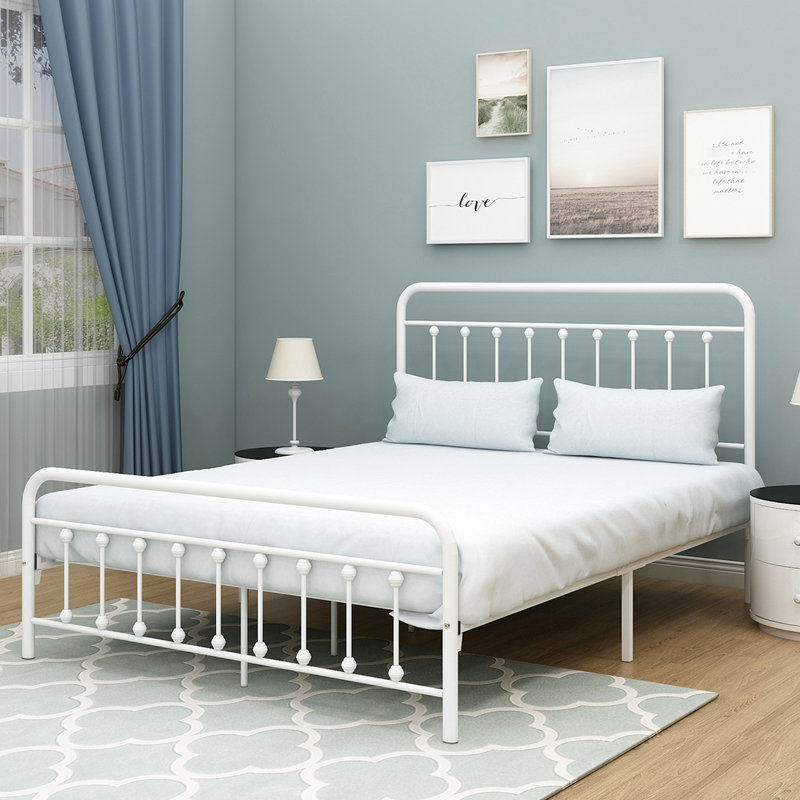 White Metal Bed Frame For Queen Size, Victorian Style Headboard, And Reliable Durability Platform Bedroom, Style, Under Storage Quick Assembly