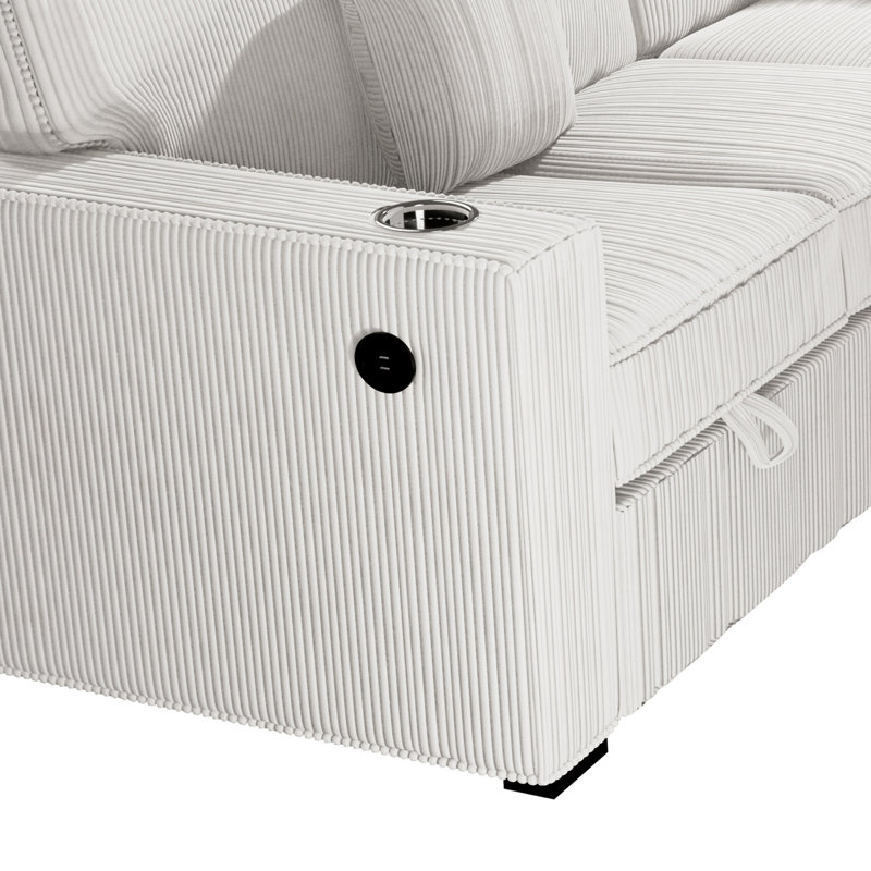 3-Piece Convertible Sectional, Beige Corduroy