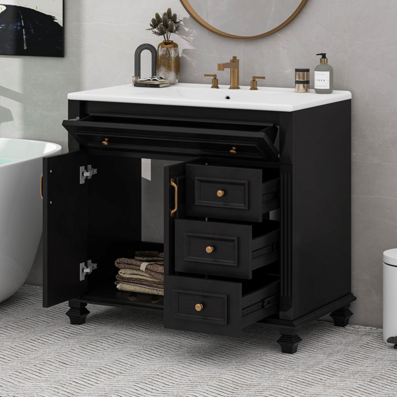 36" Bathroom Vanity With Sink, Flip-Out Drawer, Black