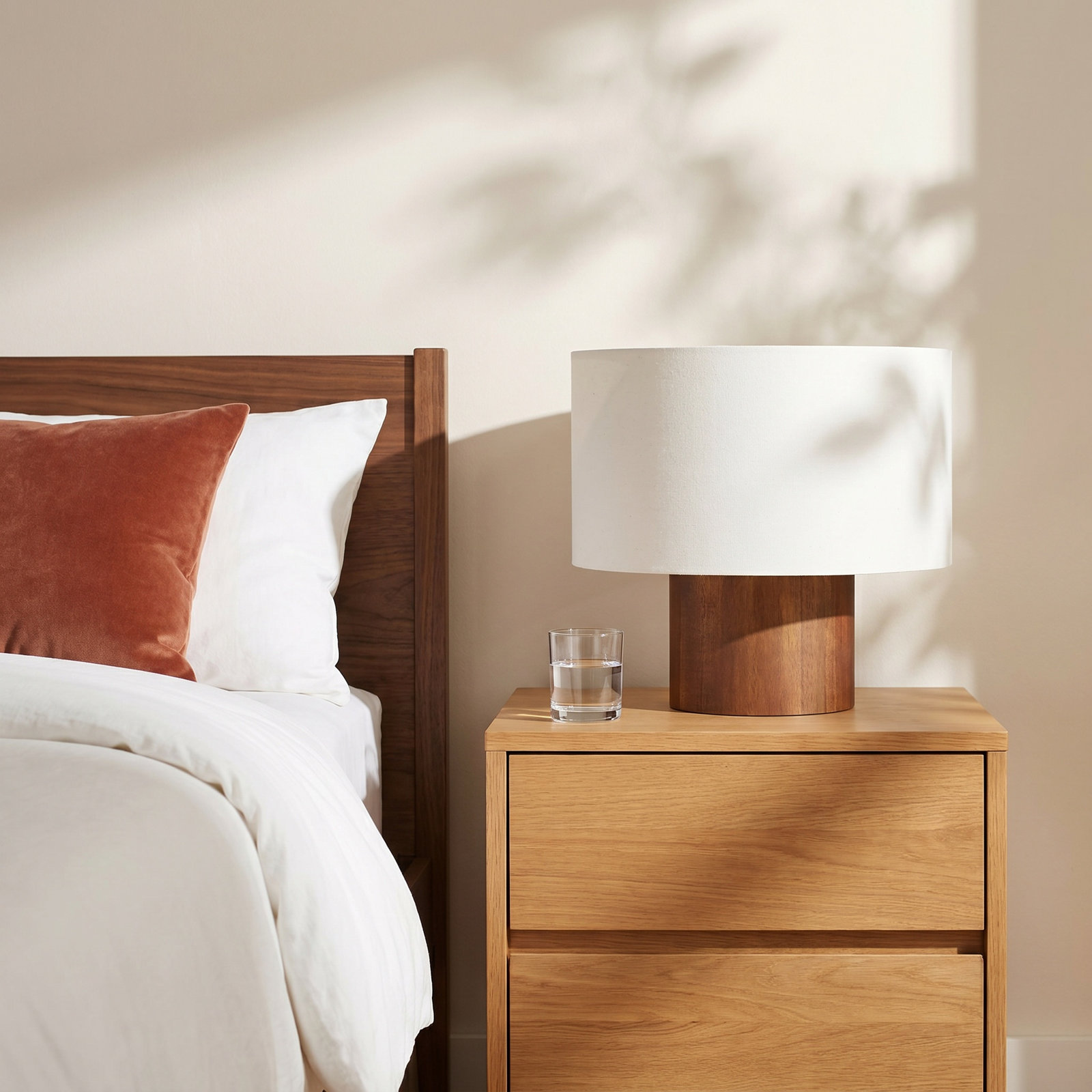 Oliver 10" Mid-Century Modern LED Table Lamp With Brown Wooden Base And Cream Fabric Shade