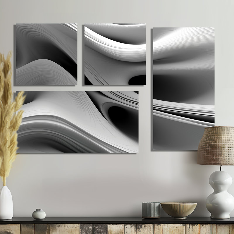 «White Black Infinite Ripples - Abstract Modern Waves», reproduction d'art sur toile 4 pièces, Toile tendue, Does Not Apply