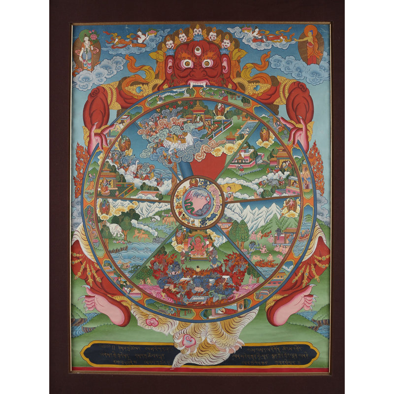 Roue tibétaine de la vie (Brocadeless Thangka) | Aquarelle sur coton