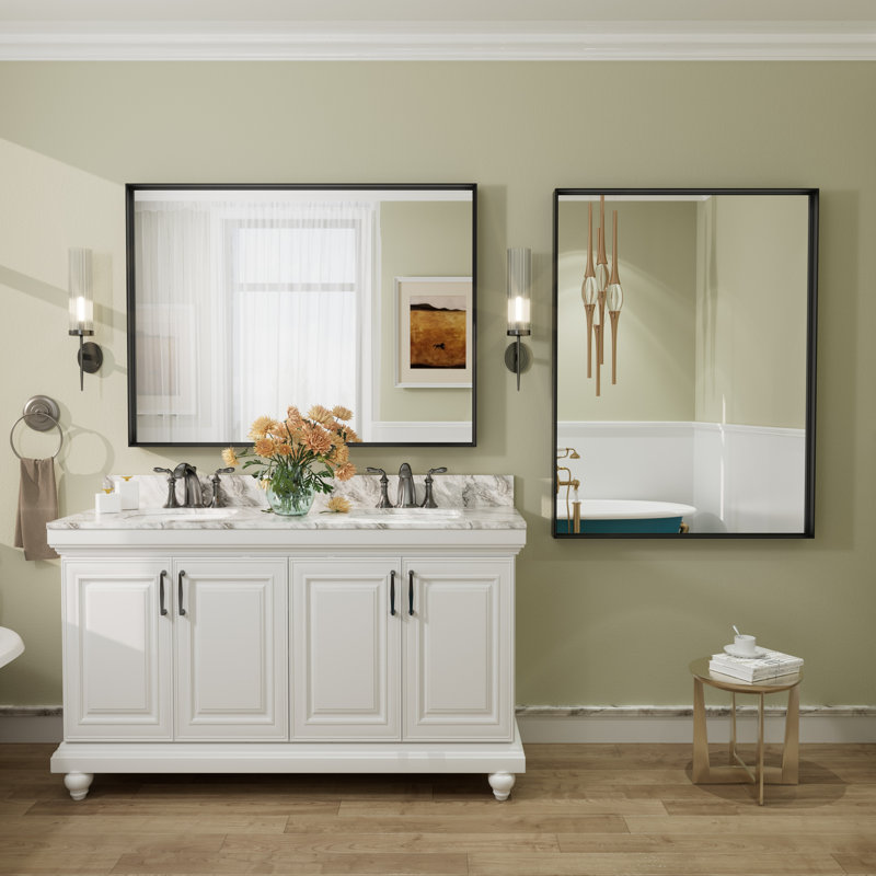 Aevar Tempered Glass and Aluminum Alloy Framed French Cleat Mounted Wall Mirror with 5-Year Warranty, 48" x 36", Matte Black
