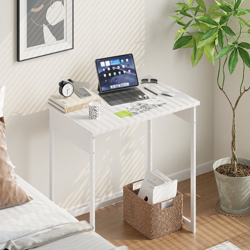 Compact Minimalist Writing Desk–Sturdy Metal Frame Computer Table for Small Spaces,Bedroom,Home Office, White, 37.4in
