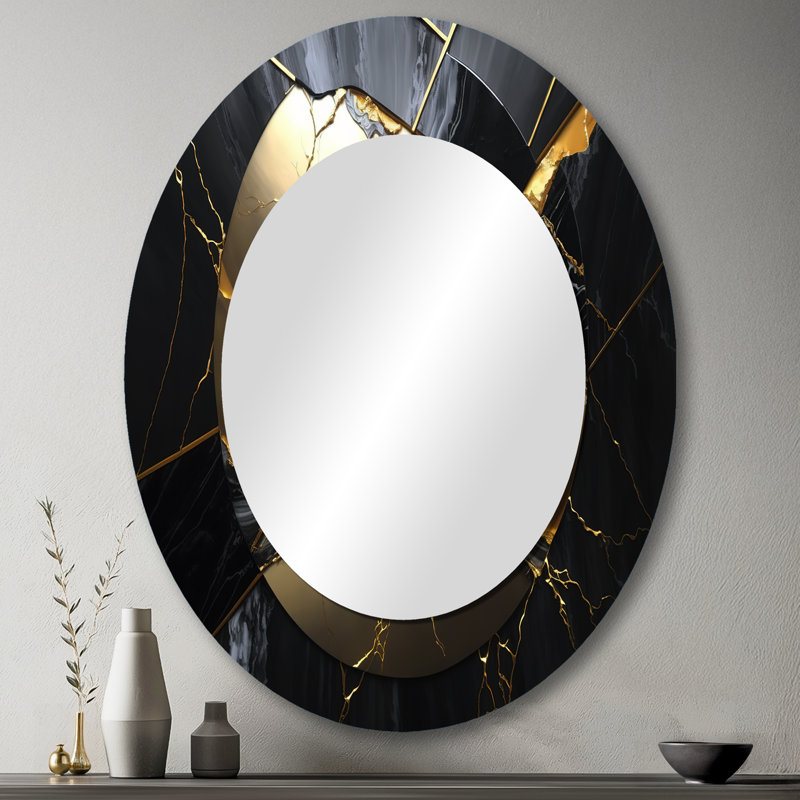 Abstrait Geode Gold III - Grand miroir mural ovale sur métal, 43 po x 33 po