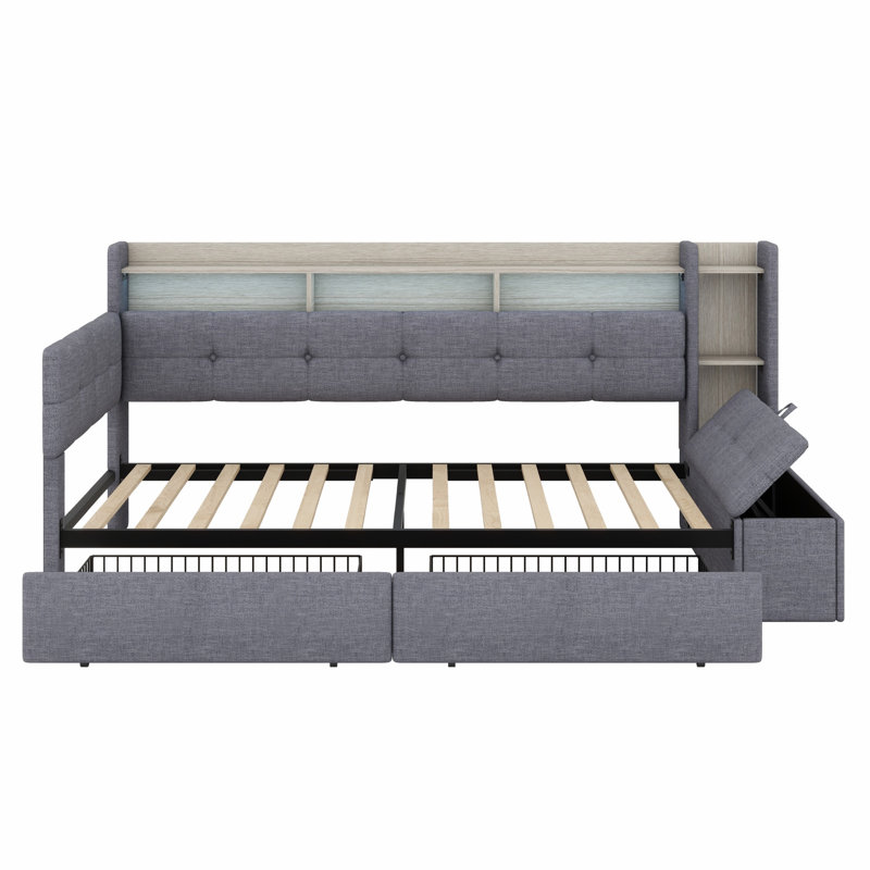 Lit de jour contemporain rembourré avec repose-pieds, tablettes, tiroirs, éclairage DEL et port USB, Grey