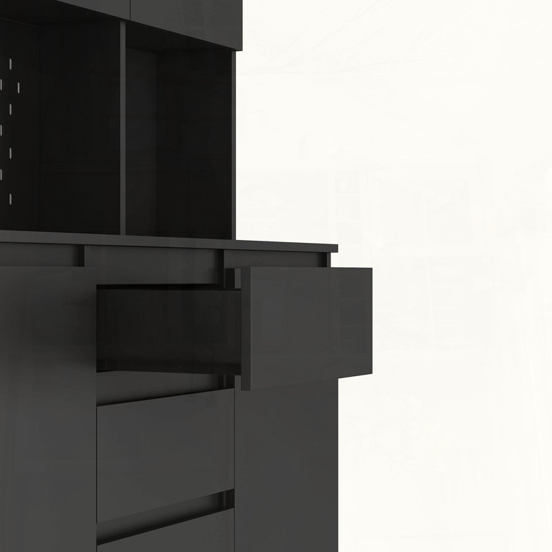 Armoire de cuisine autoportante avec station de charge et six portes, Black