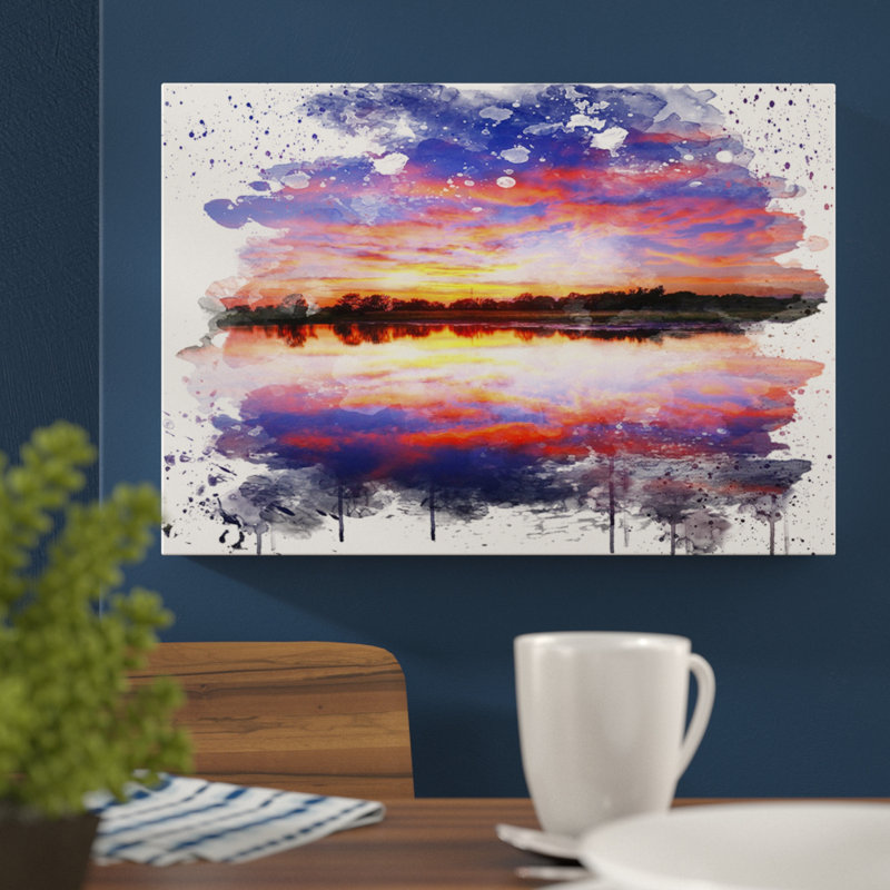 Landscape Evening Sunset Lake - Wall Art, 40cm H x 60cm W, Wrapped Canvas