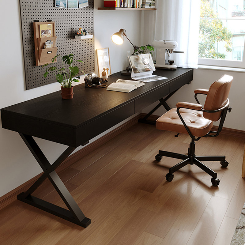 Bureau rectangulaire noir en bois massif + fer avec 3 tiroirs, H 29,53 po x l 70,87 po x P 23,62 po