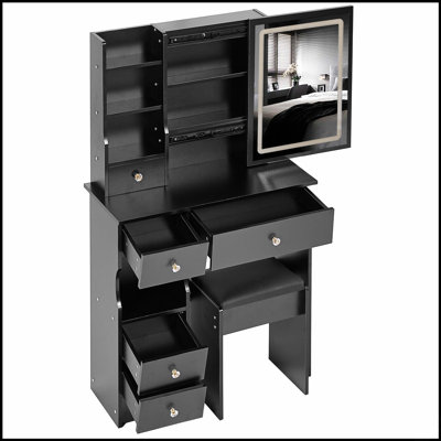 Petit meuble-lavabo de 29,2 po avec tabouret de bureau et tabouret rembourré à gauche 29,5 po, grande commande tactile, interrupteur tricolore, miroir à luminosité réglable, rangement à grande capacité, convient aux petits espaces