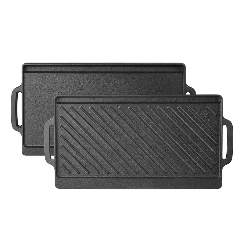 Reversible Grill/Griddle 18x9 in Pre-Seasoned Cast Iron Pan Handle, for BBQ, Eggs, Pancakes, Burgers, Dual-Sided Plate, Portable Rectangular Cookware for Oven, Gas Stove, Grill, and Campfire