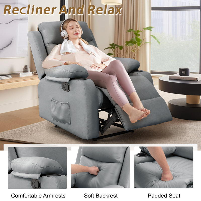KORSER Recliner Chair, Rocker Recliners For Living Room, Small Recliner For Small Spaces, Fabric Manual Recliners With Side Pockects