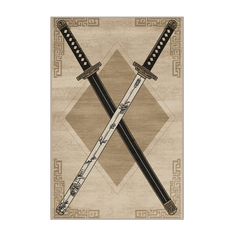 Soft Plush Dupree Dual Katanas Crossed Classic Oriental Area Rug in Beige – Beige Binding, 7x9