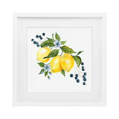 Lemons with Blossoms & Berries Framed Print Under Glass, design by Livi Finn