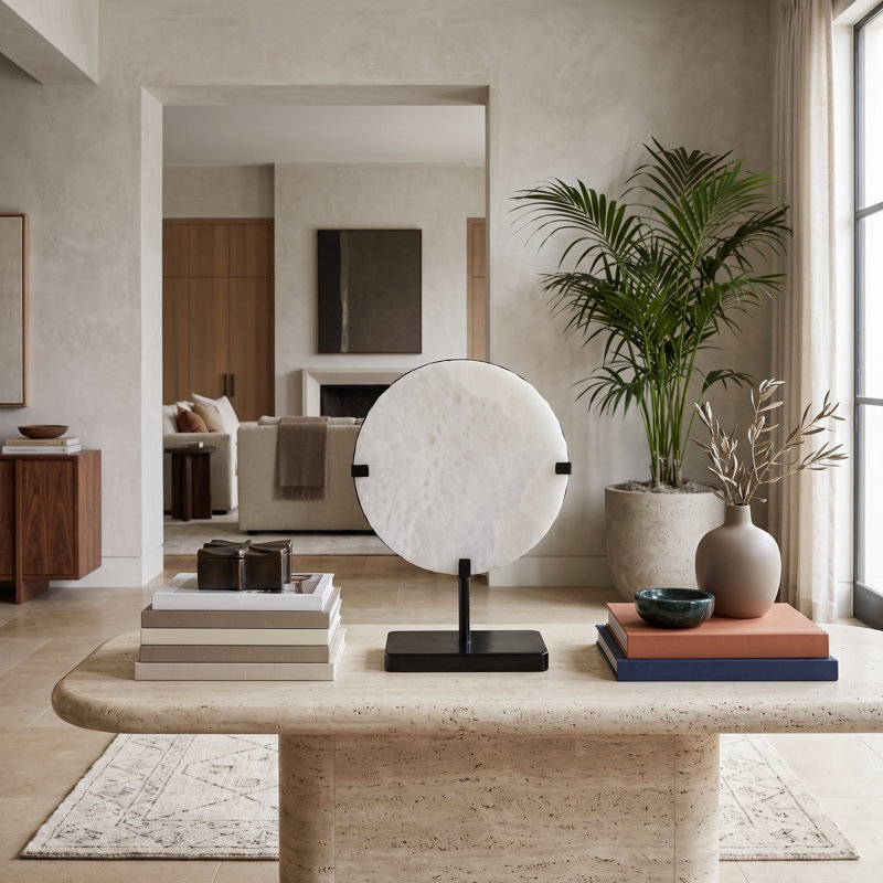Lampe en onyx, base ronde noire