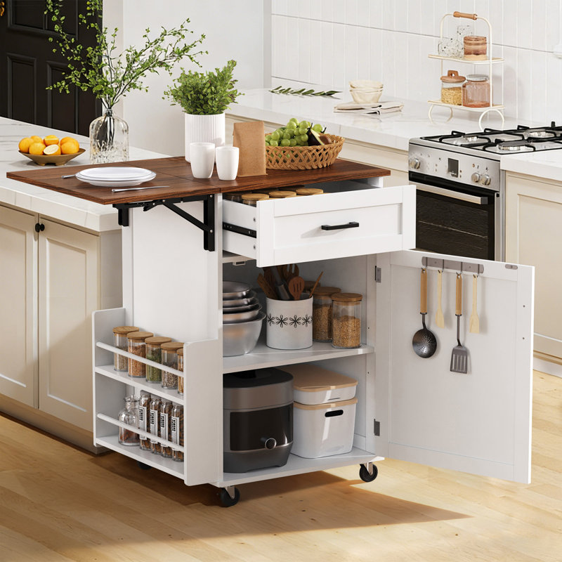 39.3" Farmhouse Kitchen Island With Drop Leaf, White