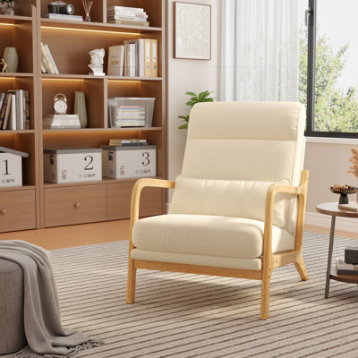 Mid Century Solid Wood Accent Chair Upholstered Armchair with an Extra Pillow and High-Back
