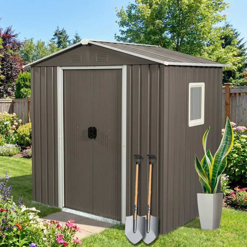 Abri de jardin extérieur en acier galvanisé gris avec fenêtre, ventilé et verrouillable, idéal pour le rangement dans votre cour arrière.