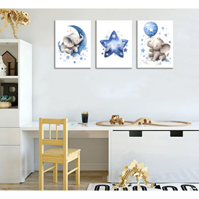 3 Pcs Bleu Pépinière Éléphant Toile Art Mural Bébé Garçon Décoration Murale Mignonne Peinture D'animal Images Lune Et Étoiles Ballon Affiches Pour Pépinière Classe Chambre D'enfants Chambre À Coucher Décoration 12X16