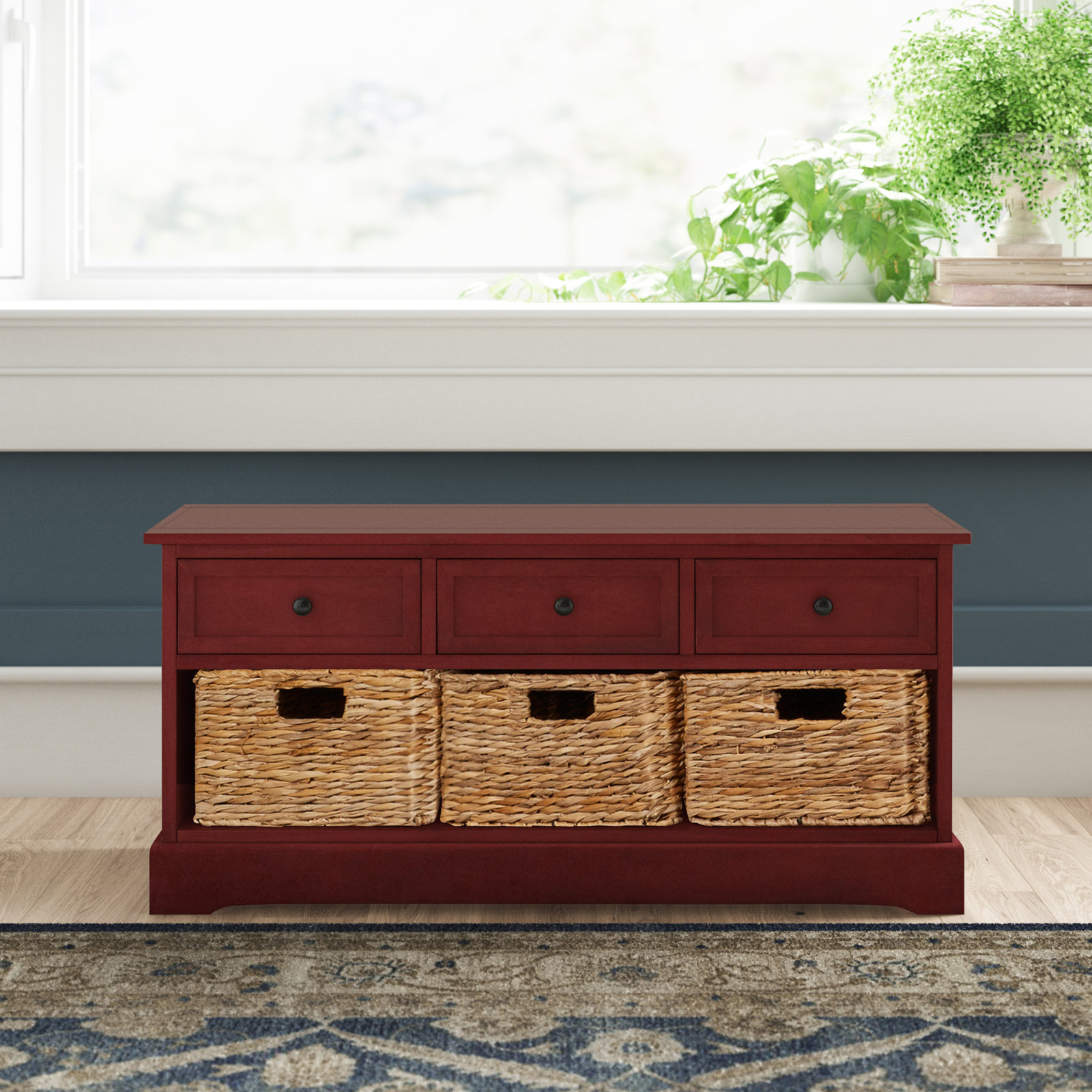 Adayla Solid Wood Drawers Storage Bench, Red