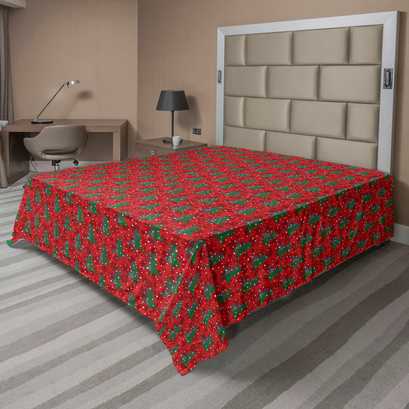Drap plat moderne de style bohème Ambesonne, Rouge écarlate et vert / motif floral blanc, Full Flat Sheet