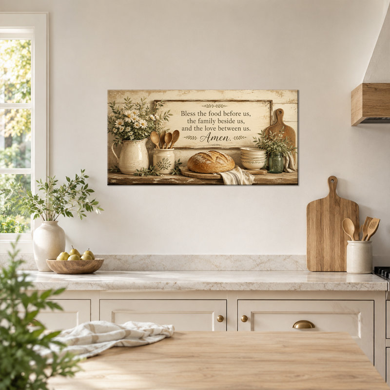 Tableau mural sur toile « Bénédiction chrétienne pour la cuisine », typographie « Pain et Amen », idéal pour la cuisine ou la salle à manger, format horizontal, prêt à accrocher, 50 x 100 cm.