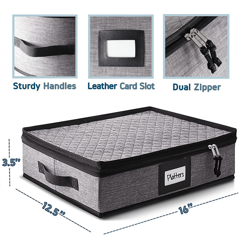Platter Storage Case – Fine China Storage Containers Hard Shell, Quilted And Stackable 16”X 12.5”X 3.5” Platter Storage Container With Zipper, Handles And Felt Dividers For Moving And Seasonal Storage